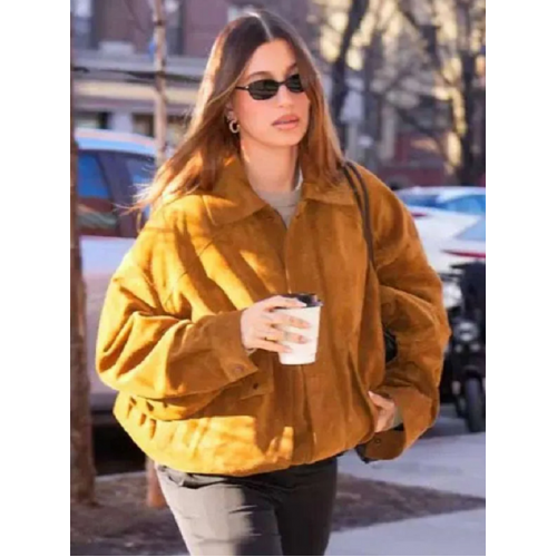 Street Style Hailey Bieber Brown Suede Jacket
